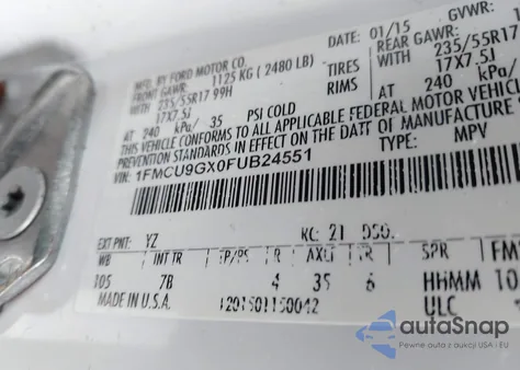 2015 Ford Escape Se z USA, uszkodzony, nr VIN 1FMCU9GX0FUB24551